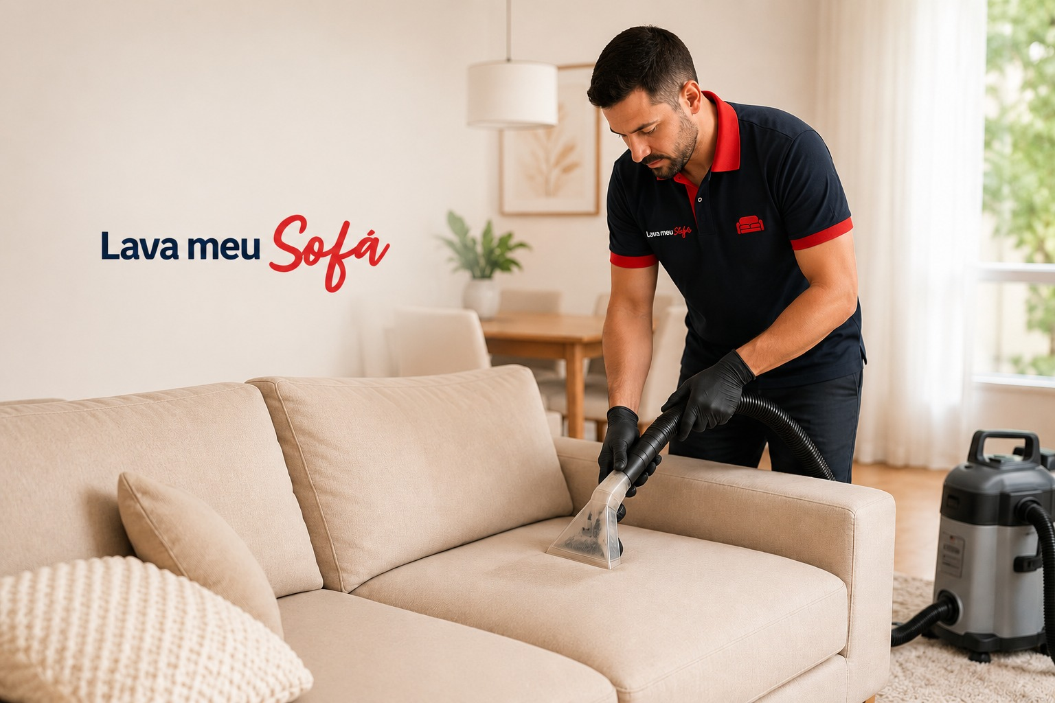 Profissional higienizando sofá com equipamento extrator
