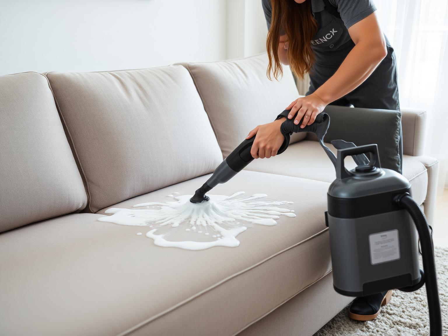 Profissional higienizando sofá com equipamento extrator